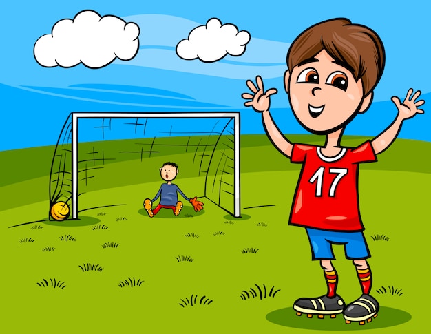 Boy playing soccer cartoon illustration