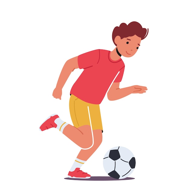 白い背景で隔離のサッカーゲームをしている少年リトルキッドウェアジャージーとサッカースキルを練習しているショーツ