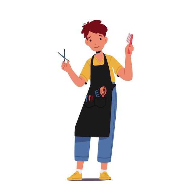 Boy Playing in Stylist Kid Character Wear Apron with Comb and Scissors in Hands What I Want to Be When Grow Up