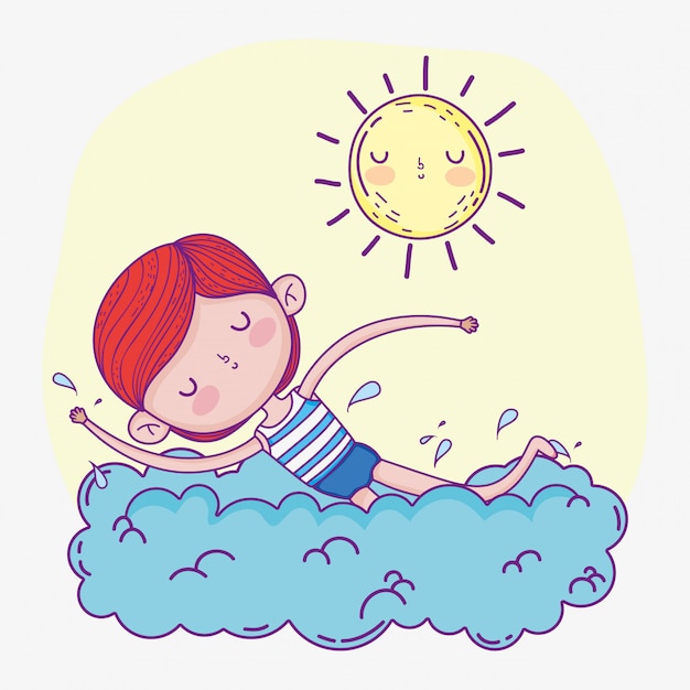 Boy playing and swimming  with sun