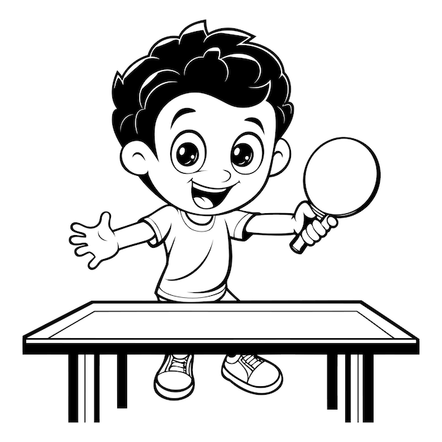 Boy Playing Table Tennis Black and White Cartoon Illustration Vector