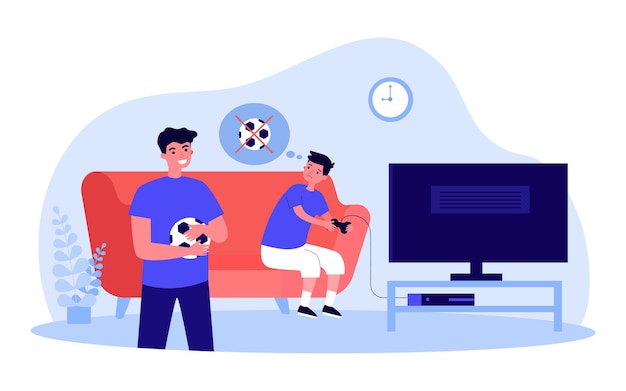 Vector boy playing video games instead of playing football with brother. kid with controller, man holding ball flat vector illustration. sports, healthy lifestyle, gaming concept for banner, website design