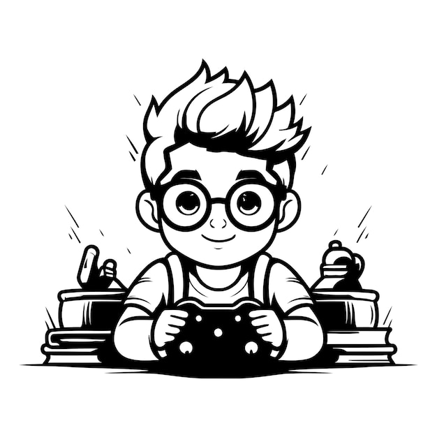 Vector boy playing video games vector illustration in black and white colors