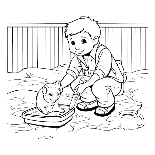 Boy playing with a cat in the park black and white vector illustration