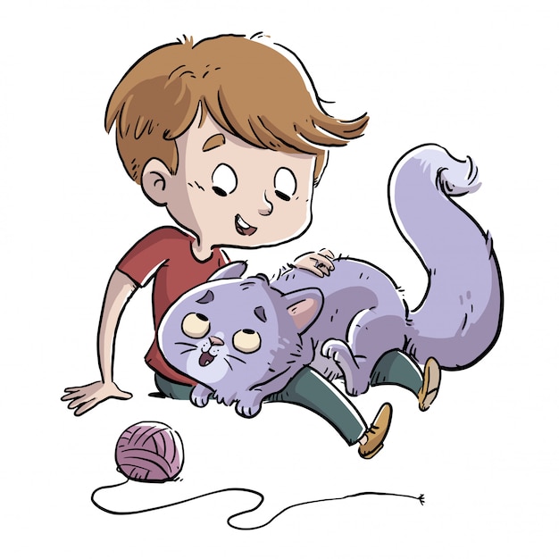 Boy playing with his cat