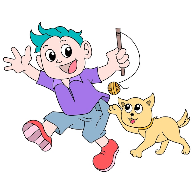 Il ragazzo che giocava con il suo cane era molto felice, illustrazione vettoriale. scarabocchiare icona immagine kawaii.