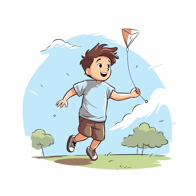 Vector boy playing with a kite in the park vector illustration