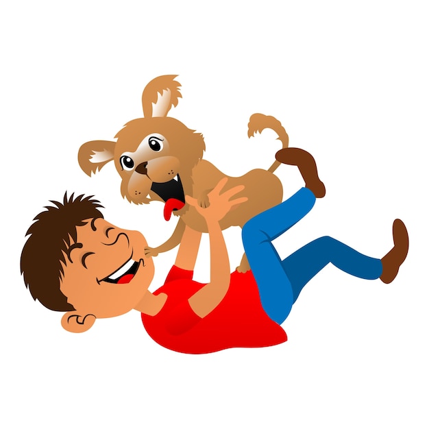 Boy playing with a Puppy, best for mascot, sticker, or decoration for pet store