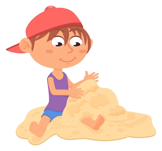 Boy playing with sand on beach Summer kid activity