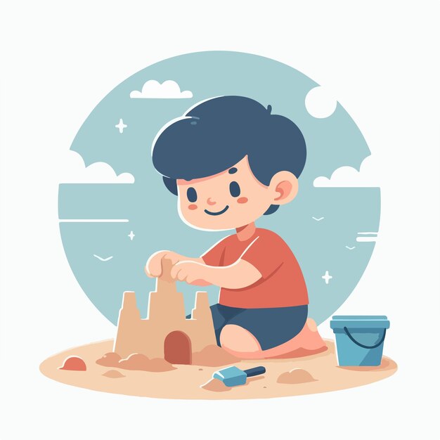 Vector a boy playing with a sand castle in the sand