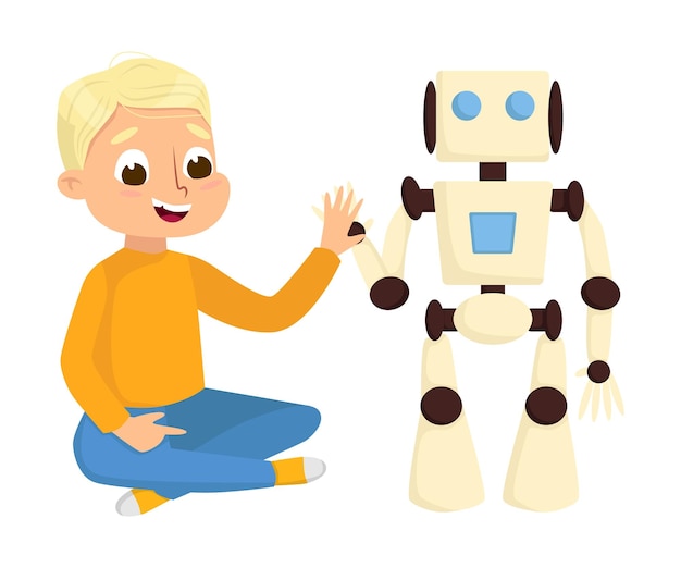 boy playing with smart robot electronics education high tech hardware engineering cartoon style