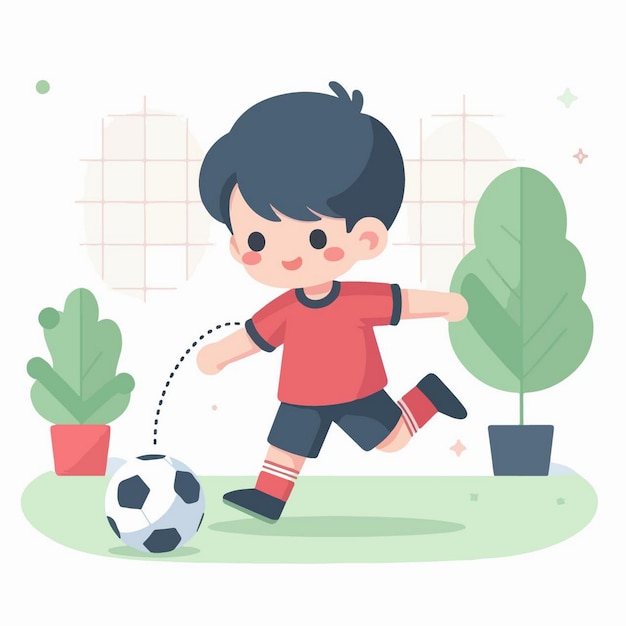 Vector a boy playing with a soccer ball and a plant in the background