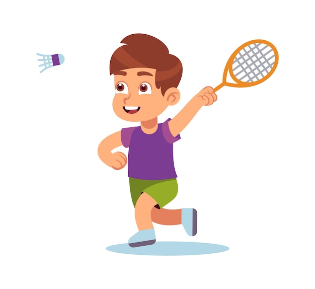 Boy plays badminton. happy preschool athlete with racket and shuttlecock on court, little kid playing outdoors, leisure time kindergarten and sport school activity vector on white background character