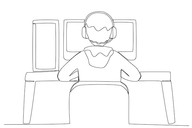 A boy plays online games with a set of computer devices Online gaming oneline drawing