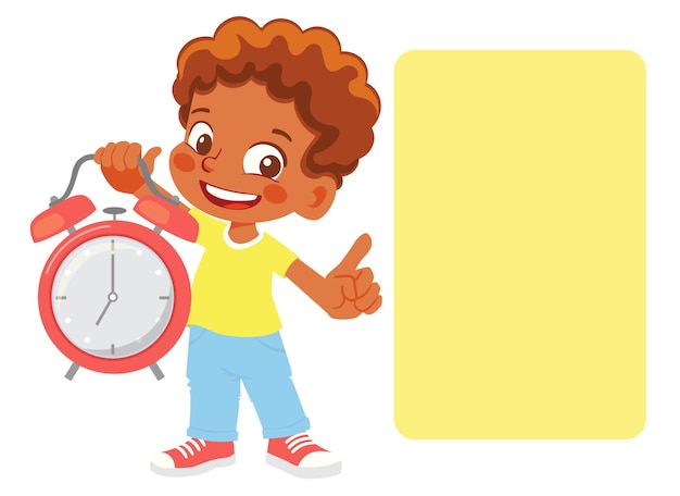 Boy points to the schedule. boy holding alarm clock