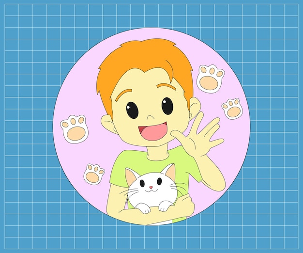 Портрет мальчика с милой белой кошкой иллюстрации шаржа плоский дизайн счастливый детский день