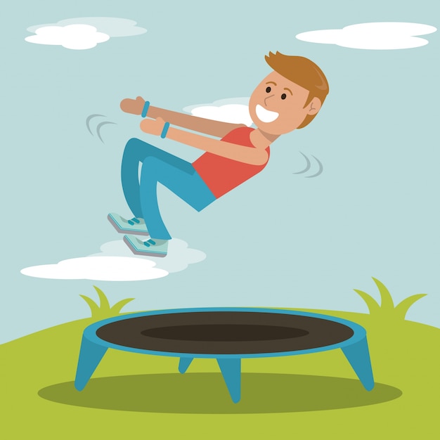 Boy practicing jumping trampoline sport design