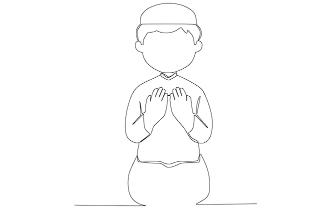 A boy praying to God in Ramadan one line art