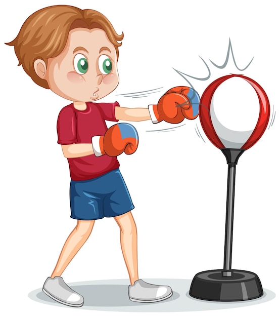 A boy and punching bag with stand