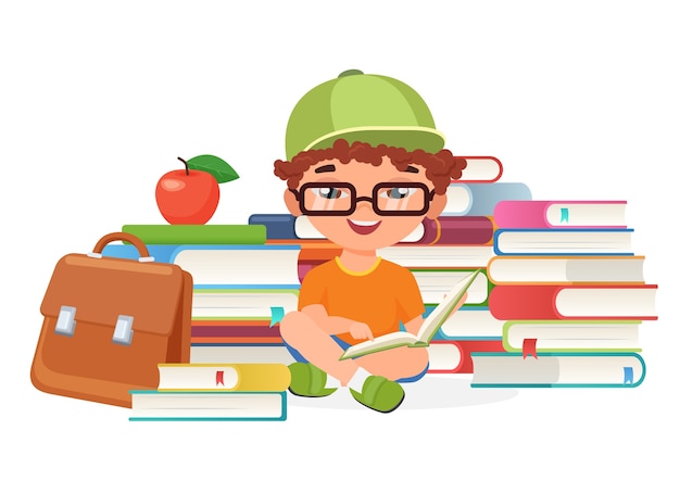 Boy pupil reading books alone  illustration