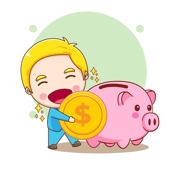 Vector a boy putting dollar coin into piggy bank money savings concept