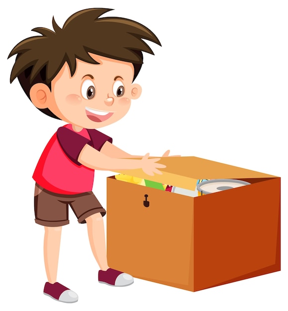 A boy putting his toy into the box