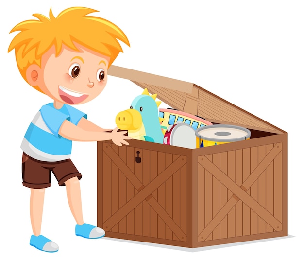 A boy putting his toy into the box