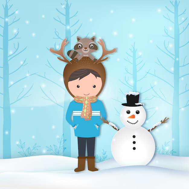 Boy, raccoon and snowman winter illustration