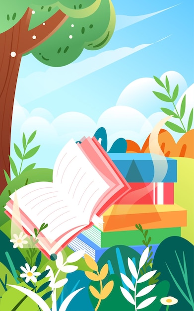 배경 벡터 삽화에서 다양한 식물과 나무와 함께 야외에서 책을 읽는 소년