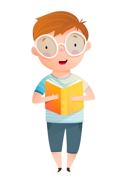 Boy reading book aloud cute schooler character standing holding open textbook