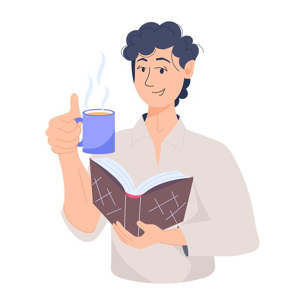 Vector boy reading a book flat illustration