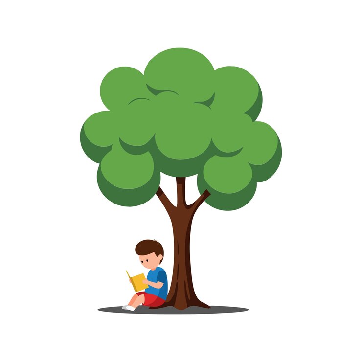 Vector boy reading book under large green tree in flat vector art