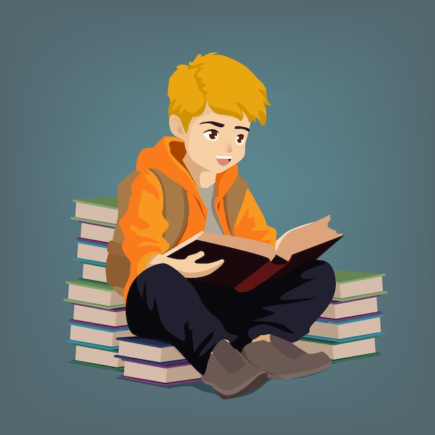 Boy reading a book sitting on a pile of books