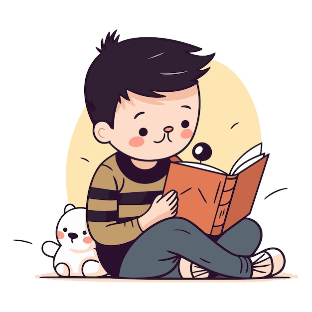 Boy reading a book with cat and dog in cartoon style