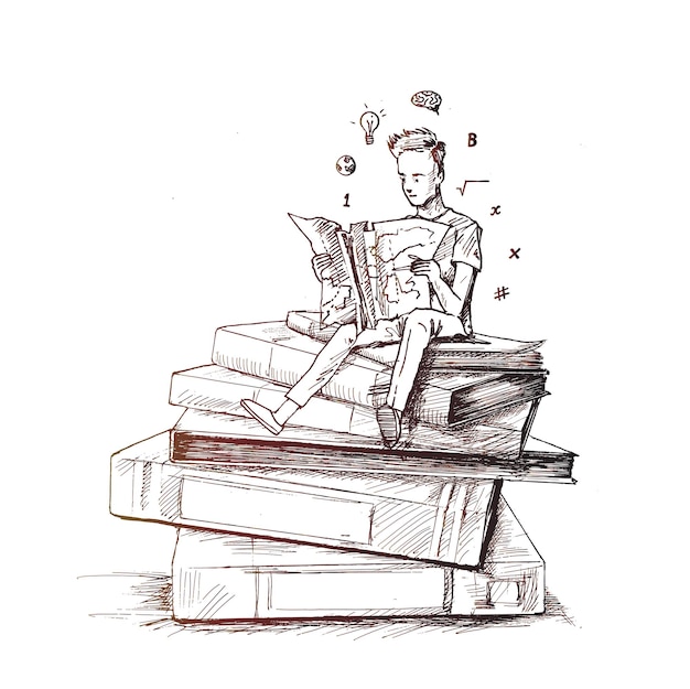 Vector boy reading books  hand drawn sketch vector illustration