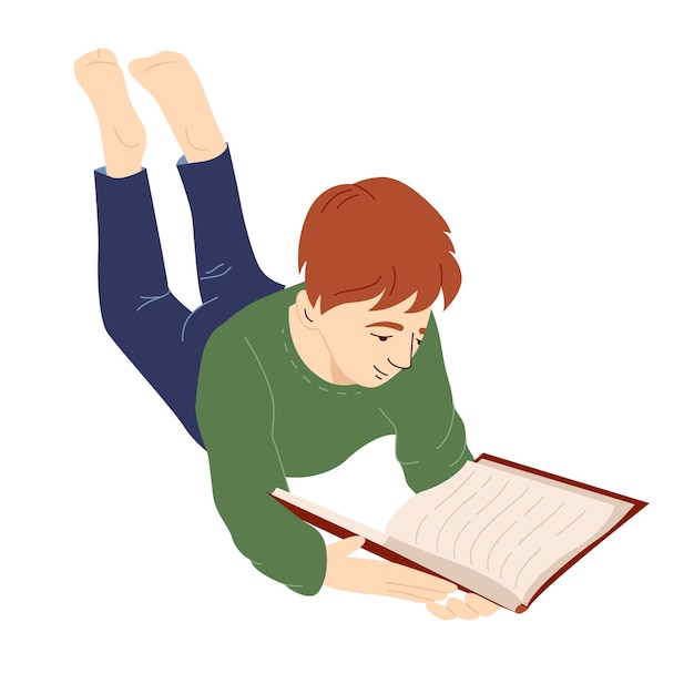 Boy reading on floor Adorable guy lying on bed and reading books Flat cartoon vector illustration