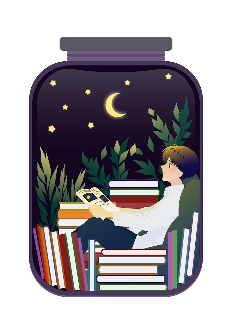 Vector boy reading in a jar of books