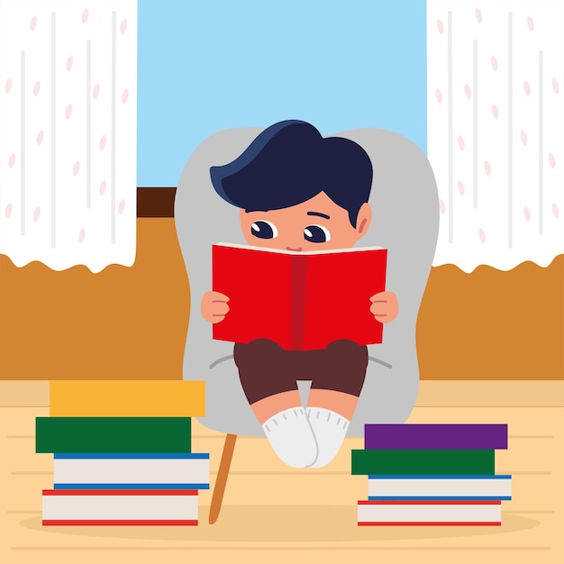 Boy reading with books