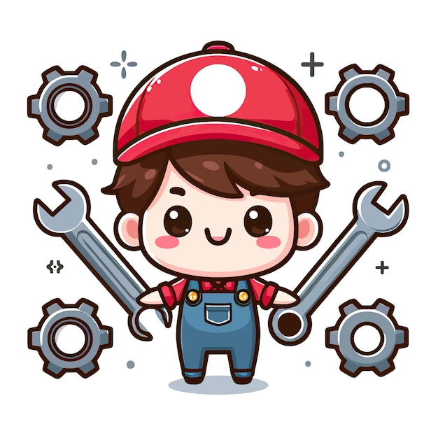 Vector a boy in a red cap with a red cap and a wrench