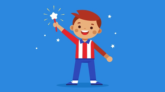 A boy in a red white and blue outfit proudly waves his sparkler in celebration of independence day