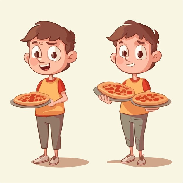 Vettore ragazzo che assapora una pizza fumetto illustrazione kid multipose