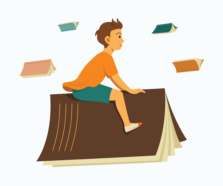 Vector boy ride a book and enjoy fly to learning journey.