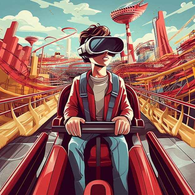 A boy rides a roller coaster with a helmet on.