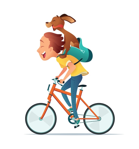 Мальчик на велосипеде с собакой в рюкзаке дружба ребенка и щенка векторная иллюстрация