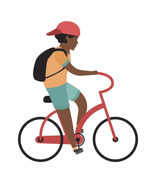 Bicicletta di guida del ragazzo. adolescente felice con le corse del casco, illustrazione piana di attività di ricreazione all'aperto del bambino di vettore isolato