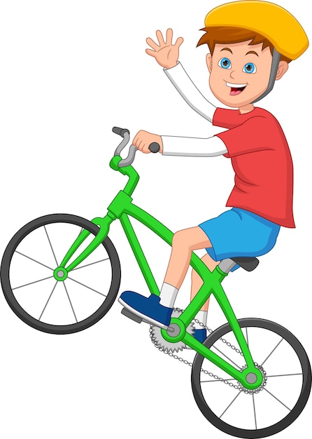 мальчик катается на велосипеде и машет рукой