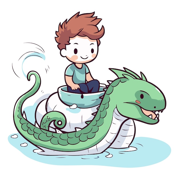 Vector boy riding a dragon on the water isolated on white background