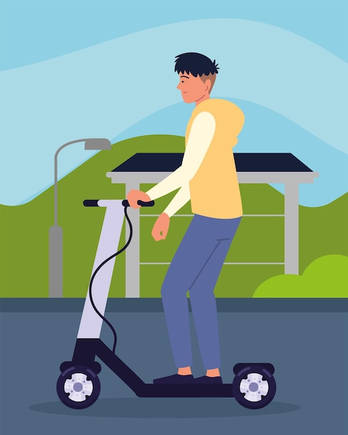 Vector boy riding electric kick scooter cartoon