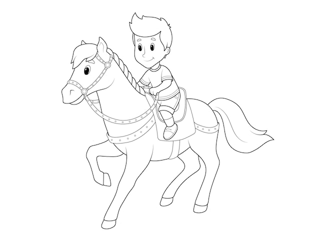 Boy riding a pony Coloring book vector