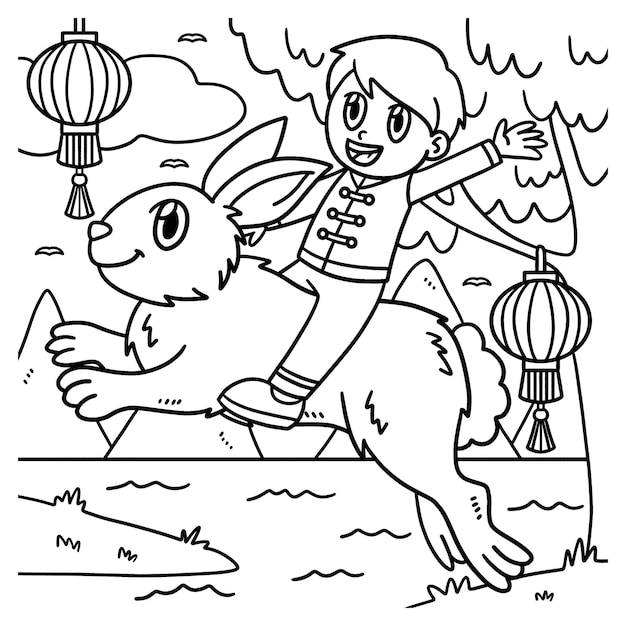 Boy riding rabbit year of the rabbit coloring